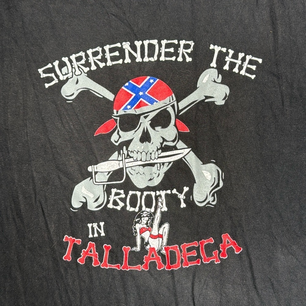 Surrender the Booty talladega pirate skull crossbones men’s black graphic tee
